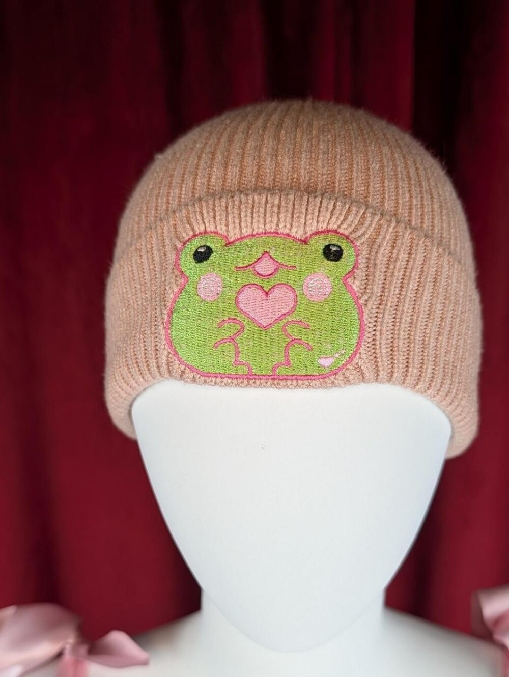 Dusty Rose Pink Kawaii Frog Heart Patch 100% Cotton Fuzzy Lined Beanie
